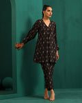 trueBrowns Black Tonal Ikat Muslin Silk Printed V-Neck Front Pleat Co-ord Set | Grocsy
