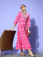 InWeave Women's Abstract Pink Print Long Dress With Work | Grocsy