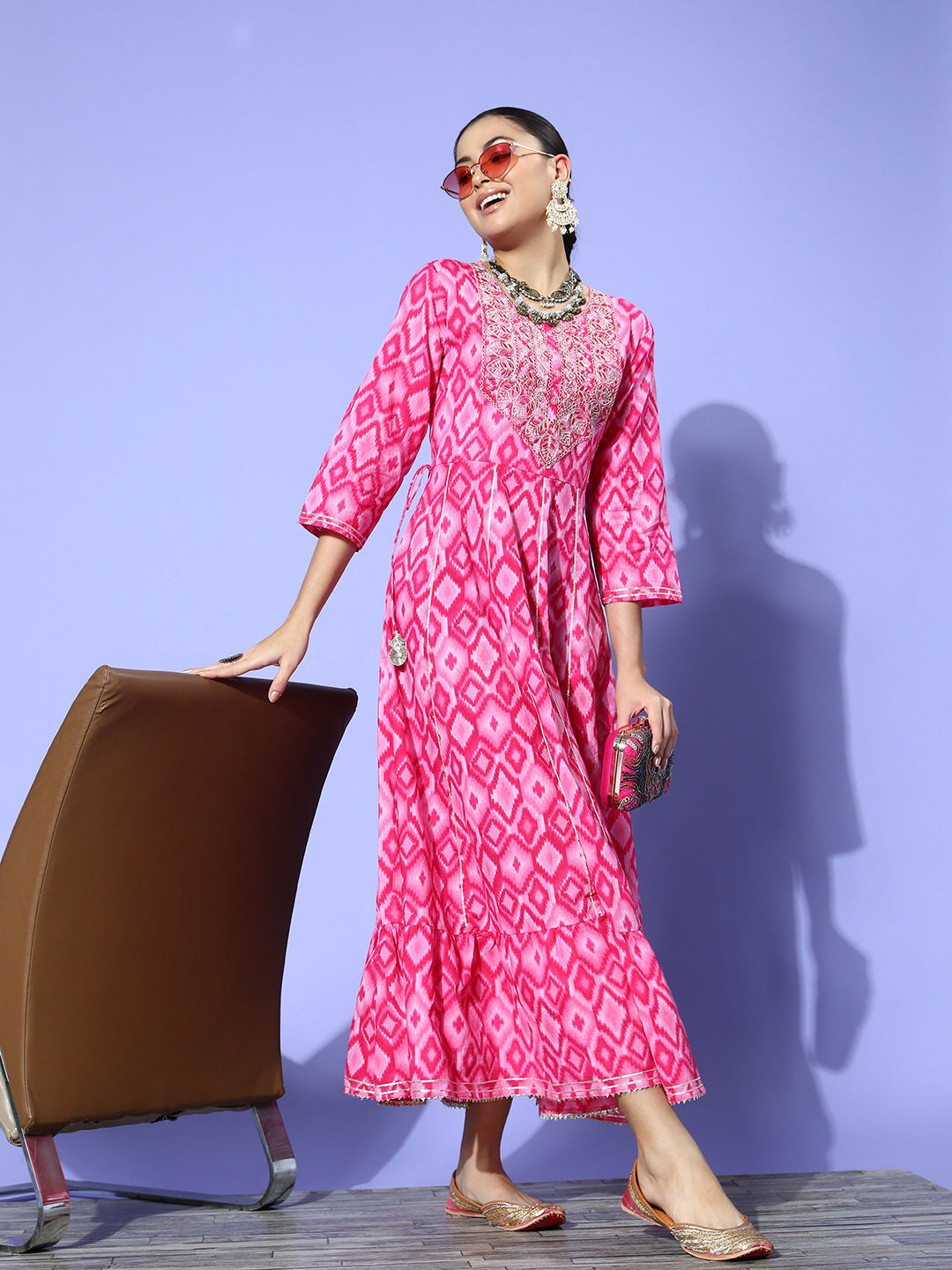 InWeave Women's Abstract Pink Print Long Dress With Work | Grocsy