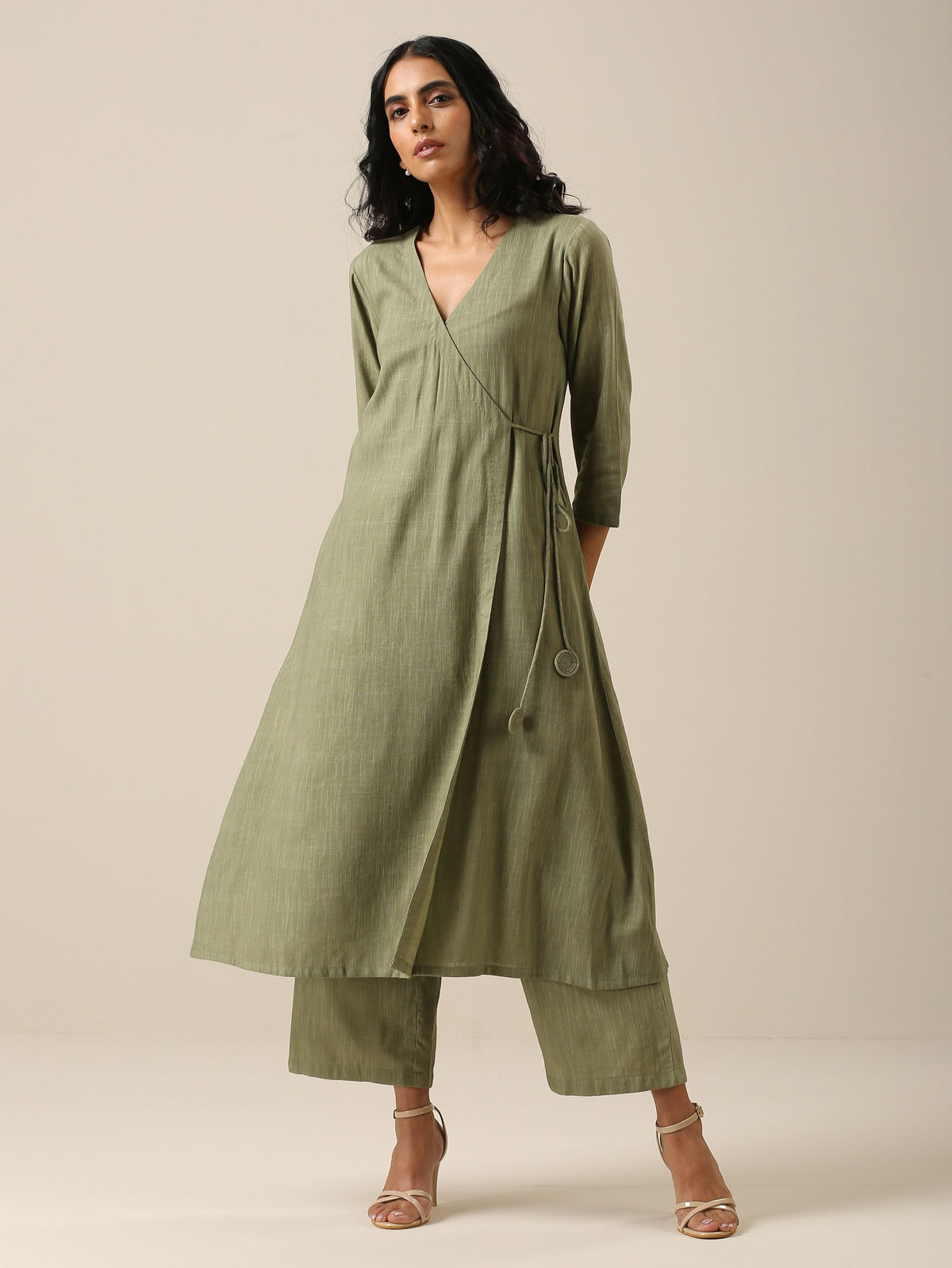 trueBrowns Sage Slub Texture Angrakha Pant Set | Grocsy