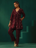 trueBrowns Wine Diamond Viscose Silk Waist Gathered Co-ord Set | Grocsy