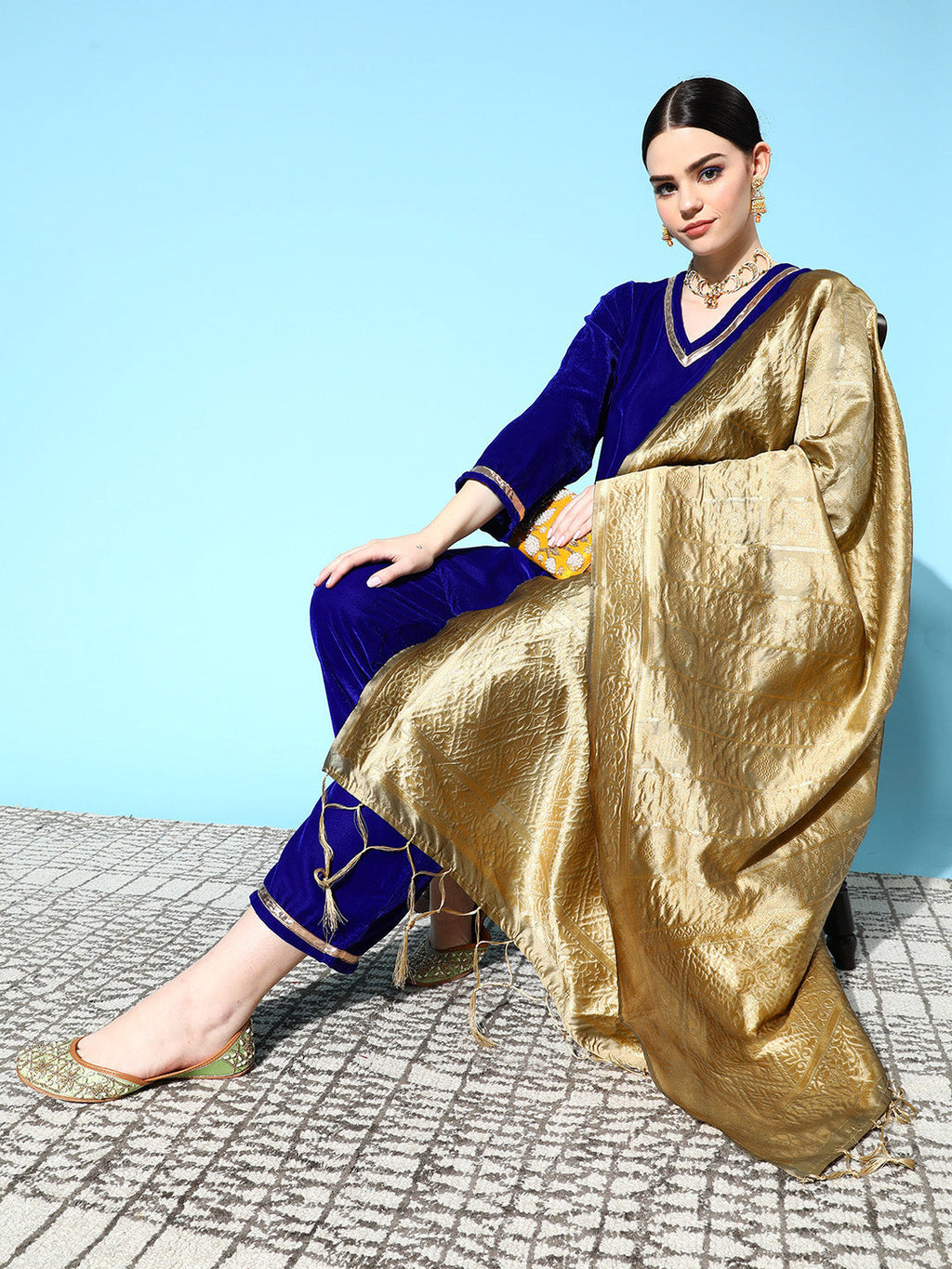 InWeave Women's Blue Velvet Kurta Set With Beige Brocade Dupatta | Grocsy