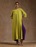 trueBrowns Lime Modal Satin Neck Pleat Kurta Set | Grocsy
