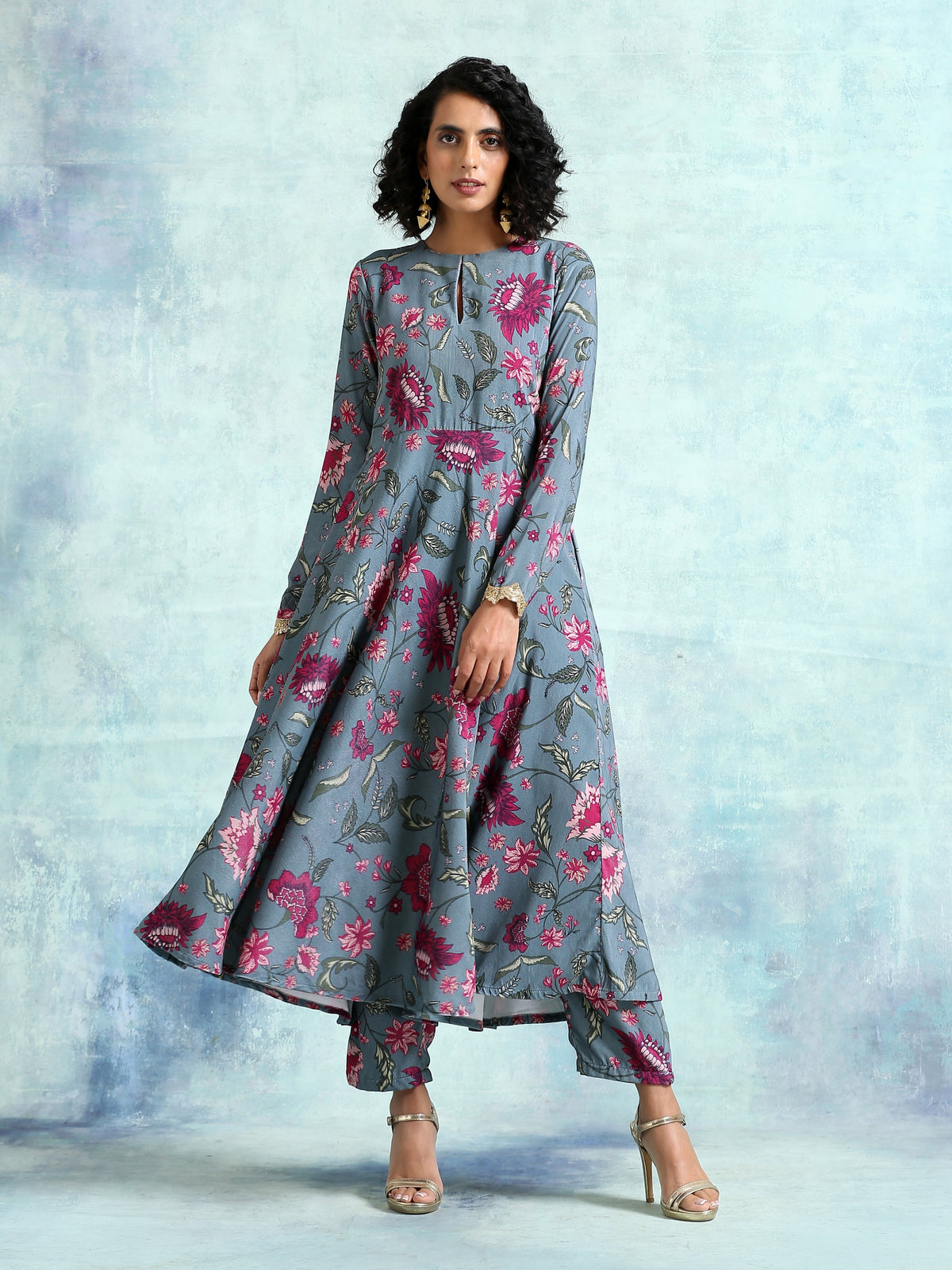 trueBrowns Grey Printed Velvet Anarkali Kurta | Grocsy
