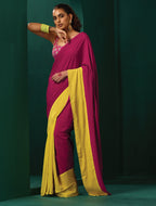 trueBrowns Lime Yellow Pink Muslin Silk Ready to Wear Saree | Grocsy