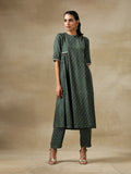 trueBrowns Dark Green Bandhani Printed Silk Side Gathered Kurta Pant Set | Grocsy