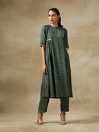 trueBrowns Dark Green Bandhani Printed Silk Side Gathered Kurta Pant Set | Grocsy