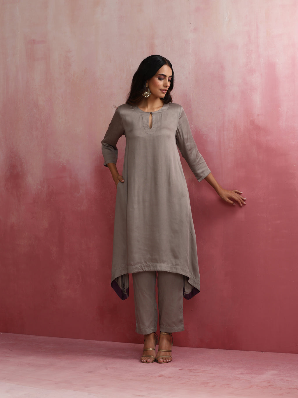 trueBrowns Grey High low Kurta Set | Grocsy