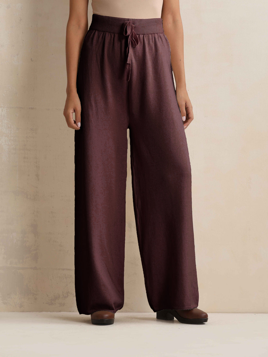 trueBrowns Brown Woollen Flared Pants | Grocsy
