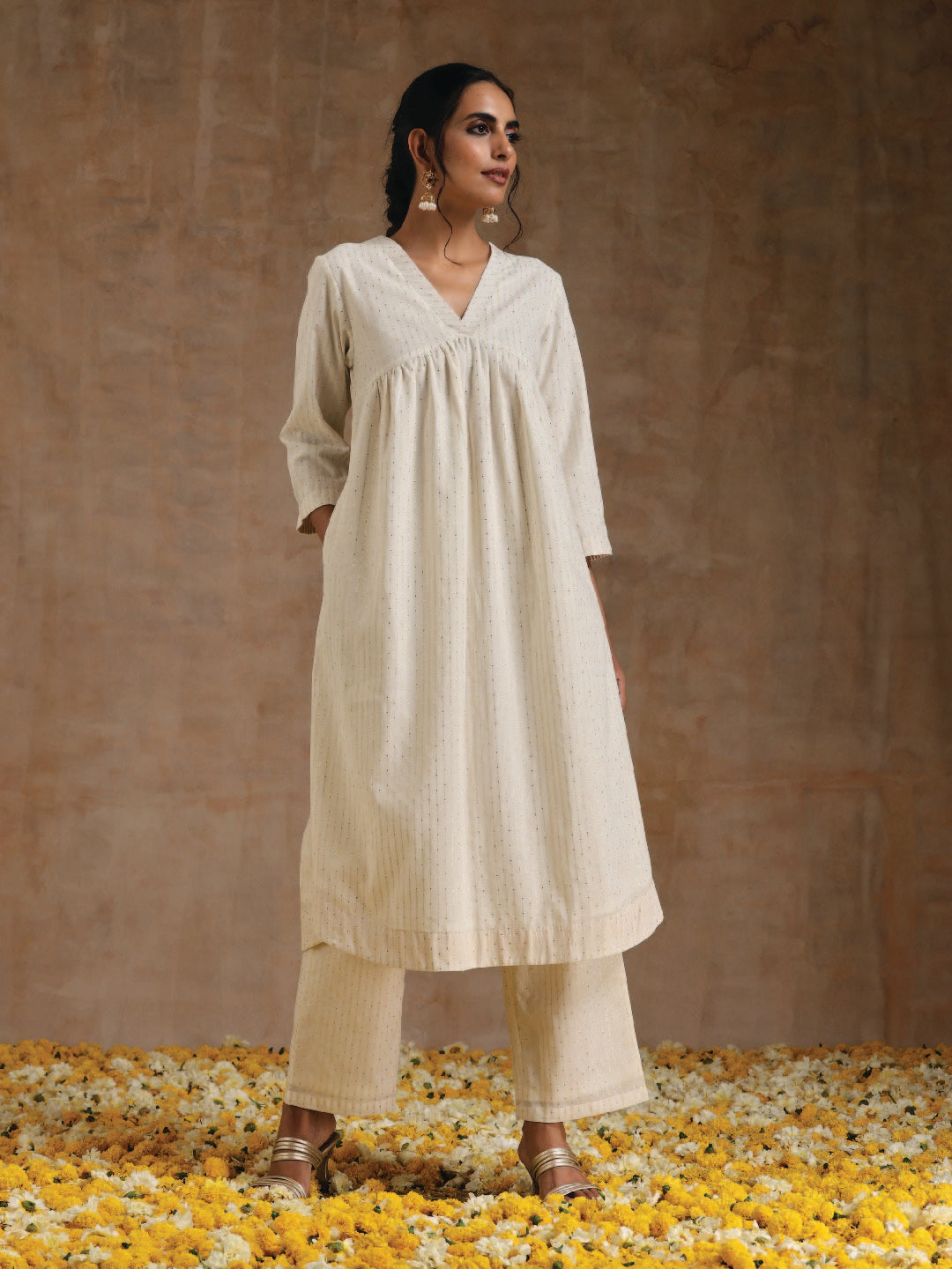 trueBrowns Ivory Gold Cotton Flared Kurta Set | Grocsy