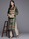 Ahalyaa Women Green & Pink Ethnic Motifs Printed Gotta Patti Velvet Kurta | Grocsy