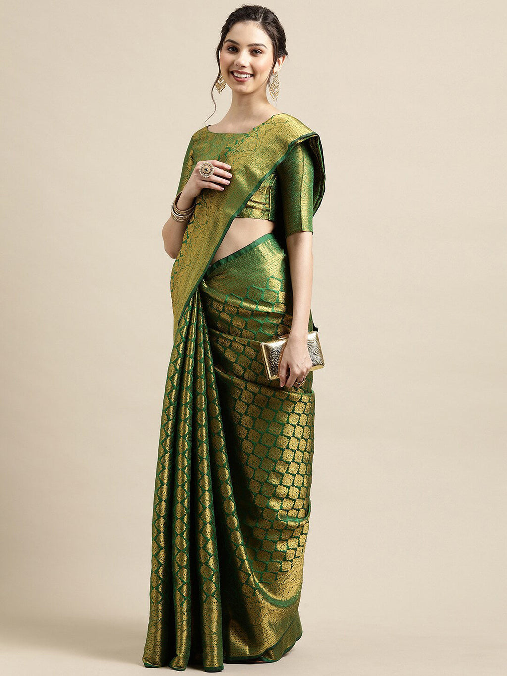 Saree Mall Green & Gold-Toned Woven Design Zari Silk Blend Banarasi Saree | Grocsy