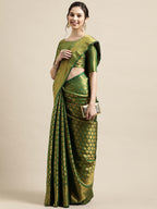 Saree Mall Green & Gold-Toned Woven Design Zari Silk Blend Banarasi Saree | Grocsy