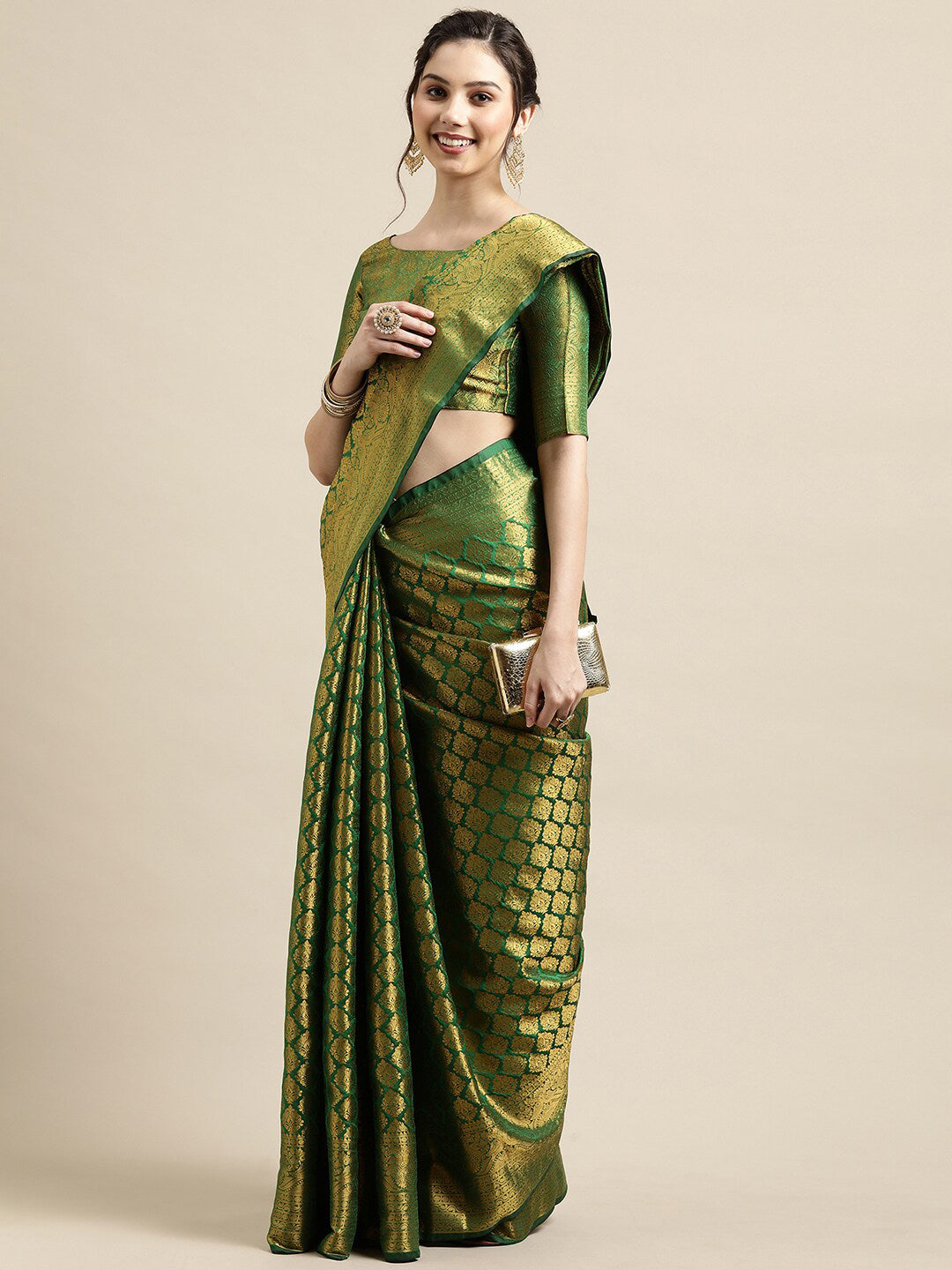 Saree Mall Green & Gold-Toned Woven Design Zari Silk Blend Banarasi Saree | Grocsy
