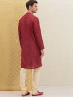 House of Pataudi Men Red Embroidered Jashn Straight Kurta | Grocsy