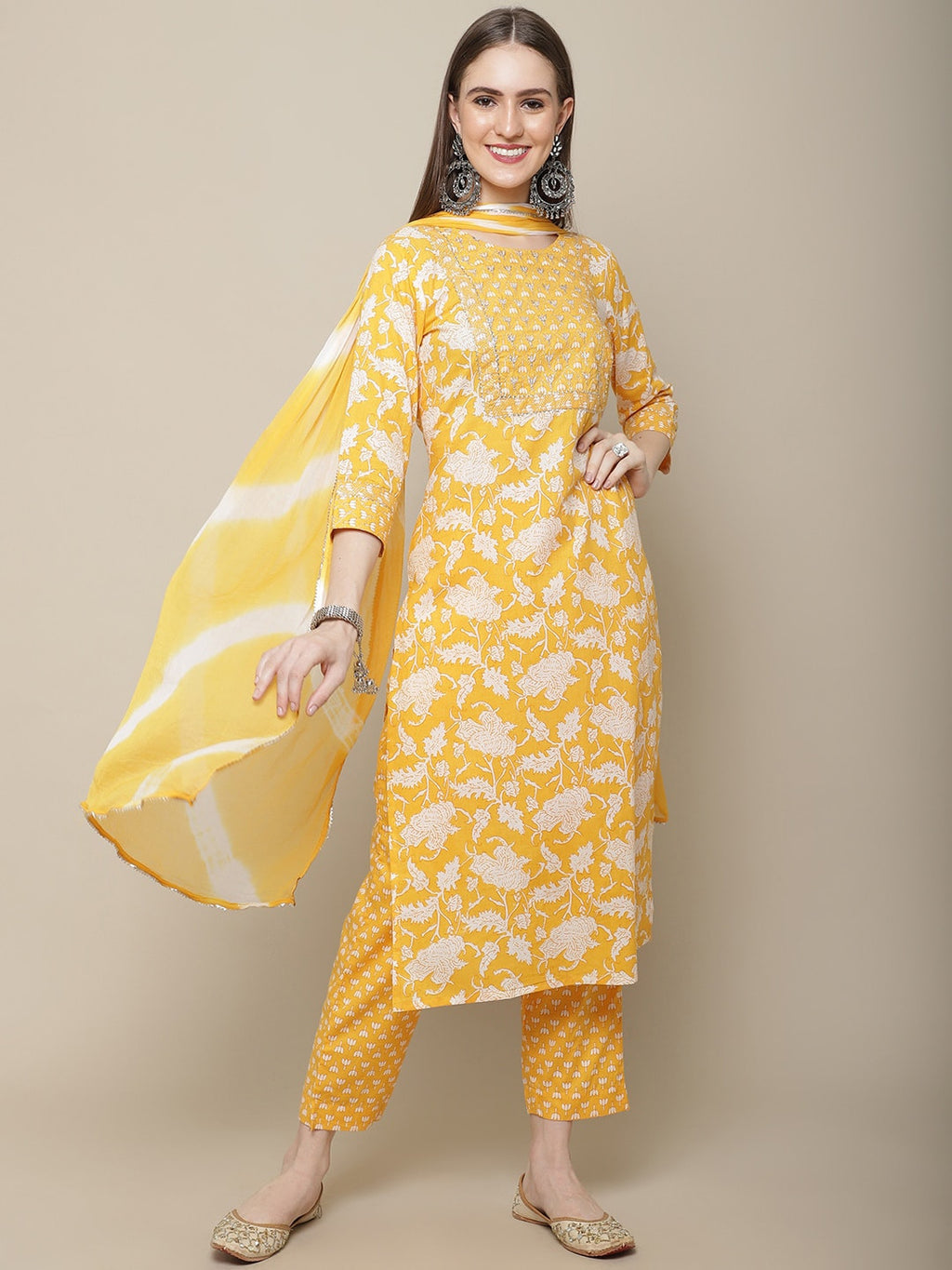 Sangria Women Floral Printed Pure Cotton Kurta with Trousers & With Dupatta | Grocsy
