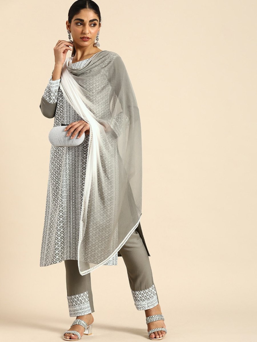 All About You Women Embroidered Chikankari Kurta With Trousers & With Dupatta | Grocsy