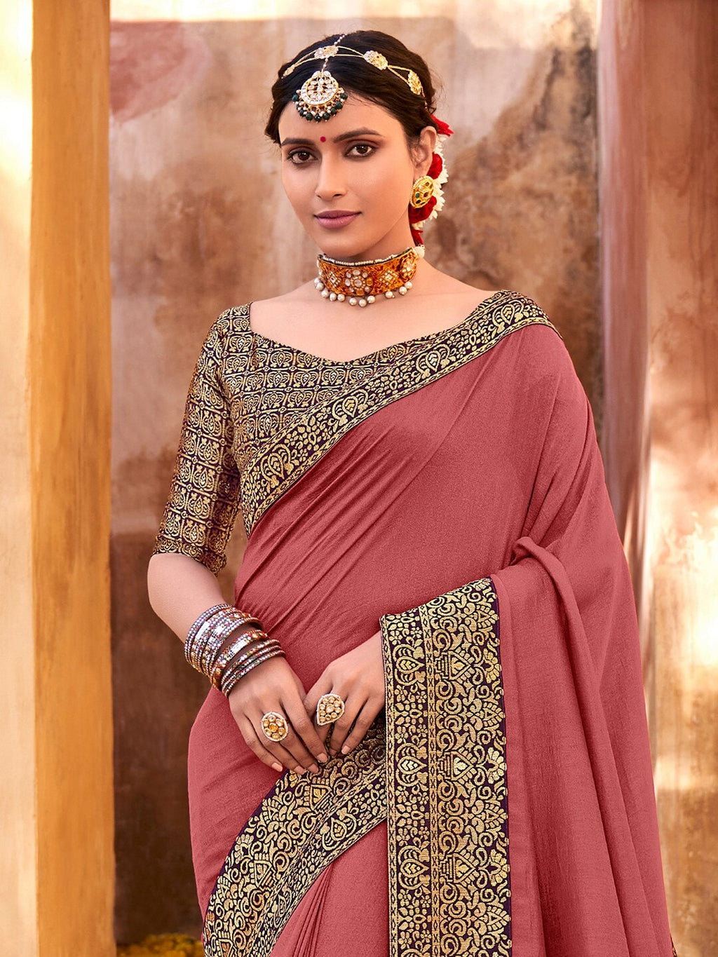 Saree Mall Zari Mauve & Purple Silk Blend Sarees | Grocsy