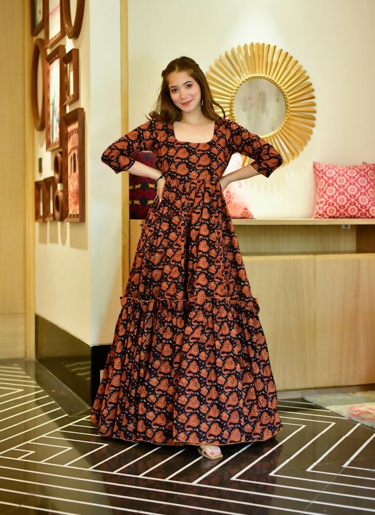 Jyoti Fashion Women's Brown Heavy Digital Printed Cotton Silk Anarkali Dress | Grocsy