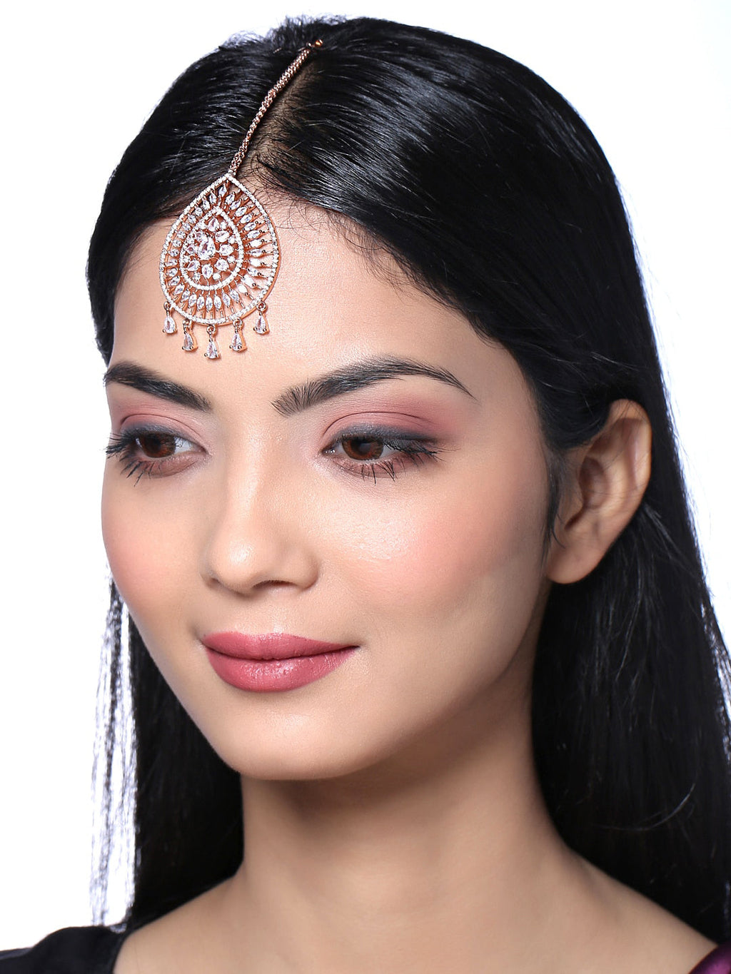 Yellow Chimes Rose Gold-Polished Ad Stone-Studded Maang Tikka | Grocsy