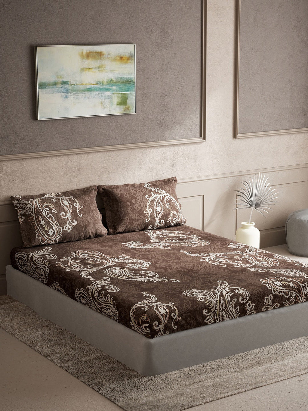 DDecor Brown & White Ethnic Motifs Cotton 140 TC King Bedsheet With 2 Pillow Covers | Grocsy
