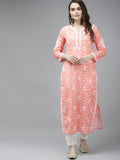 ADA Women Peach-Coloured & White Ethnic Motifs Chikankari Cotton Handloom Kurta | Grocsy