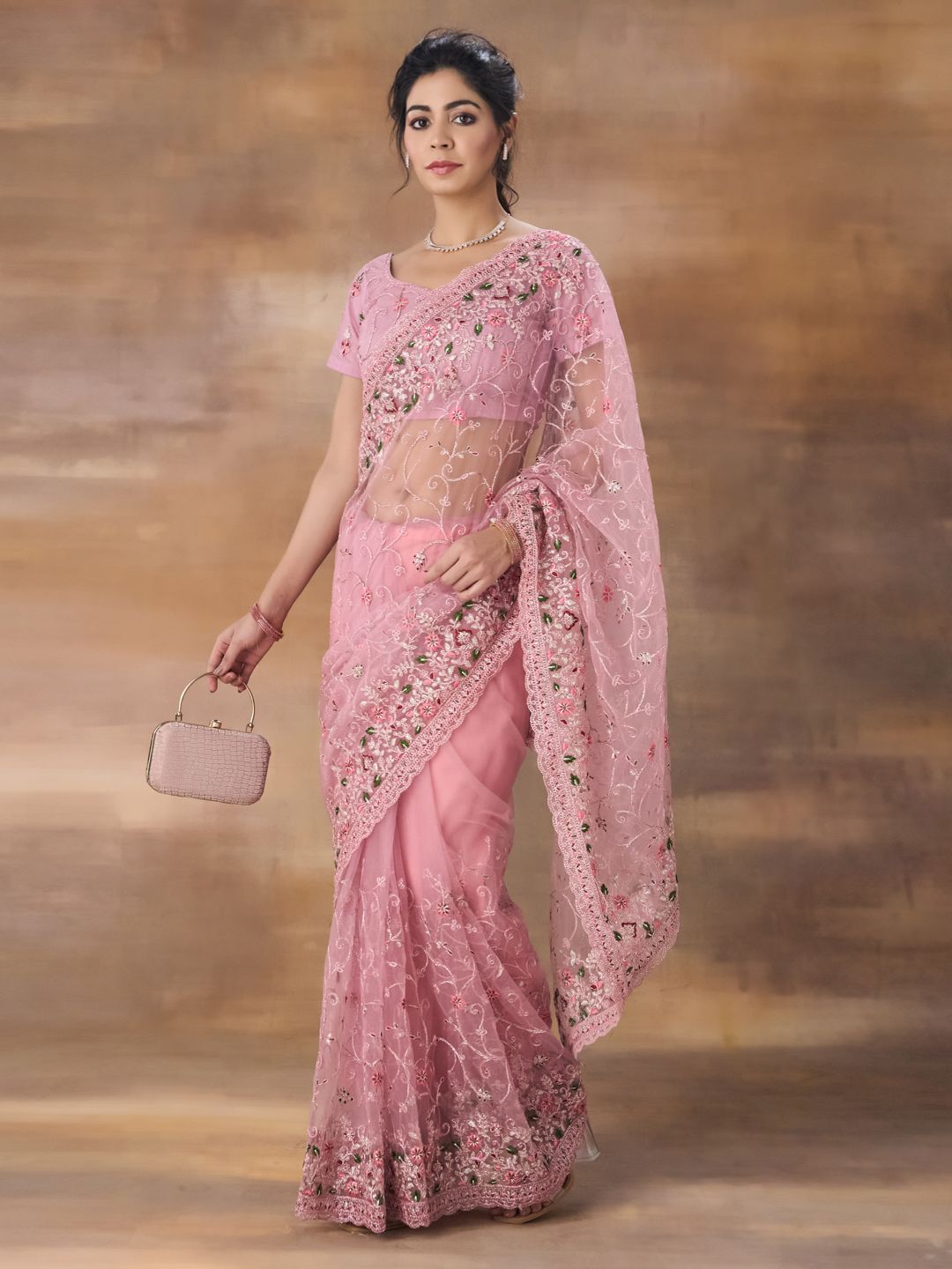 kasee Floral Embroidered Net Saree With Blouse Piece | Grocsy