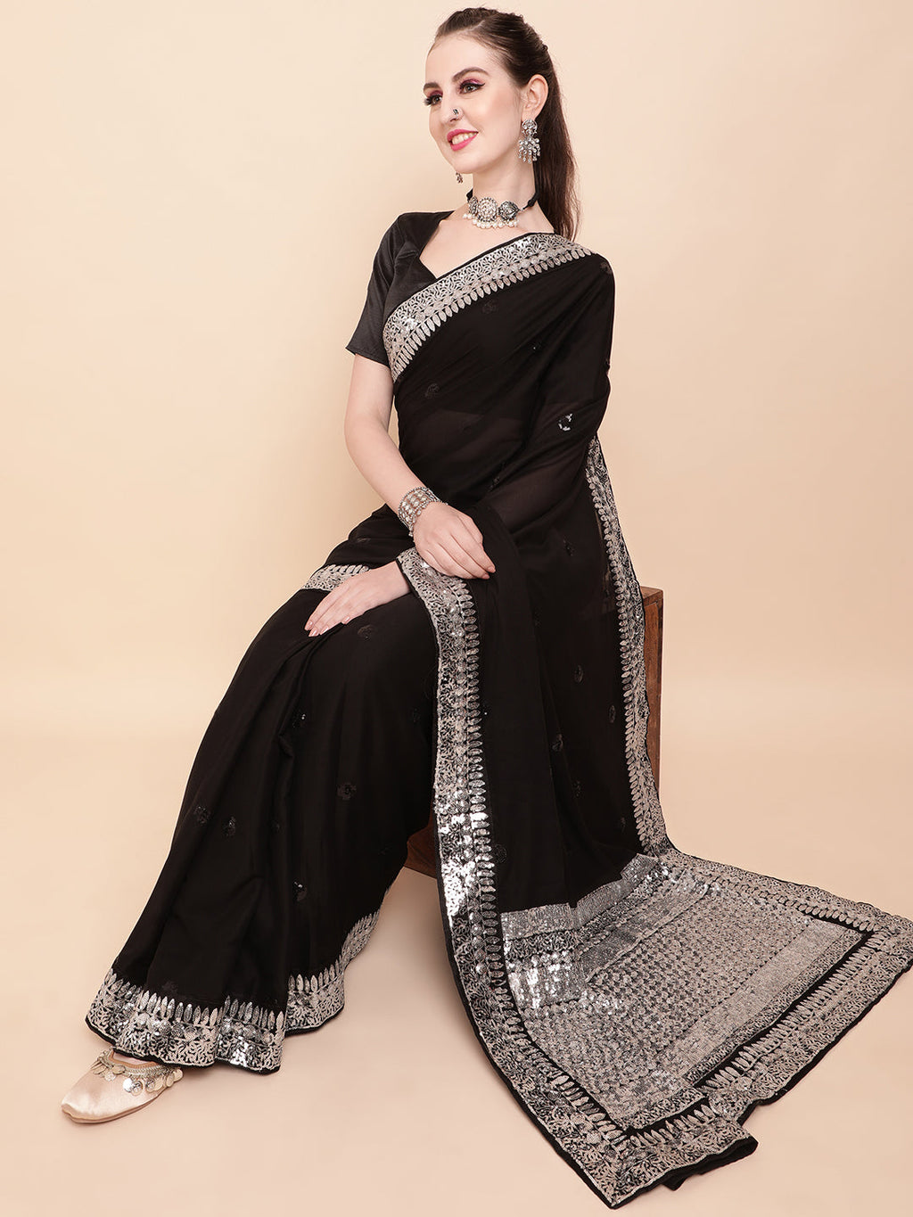 Sangria Black & Silver-Toned Embellished Sequinned Pure Georgette Saree | Grocsy