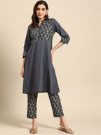 All About You Women Motifs Yoke Design A-Line Kurta with Trousers | Grocsy