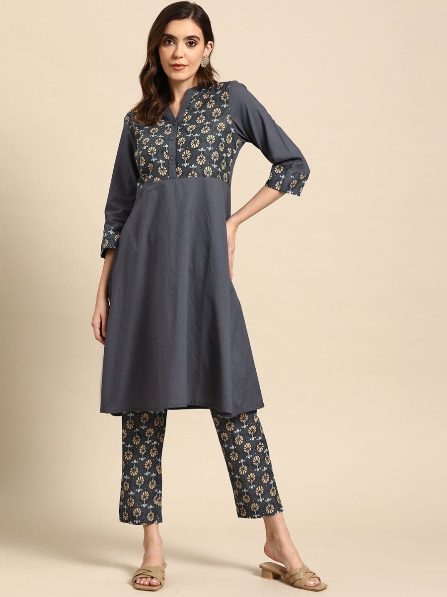 All About You Women Motifs Yoke Design A-Line Kurta with Trousers | Grocsy