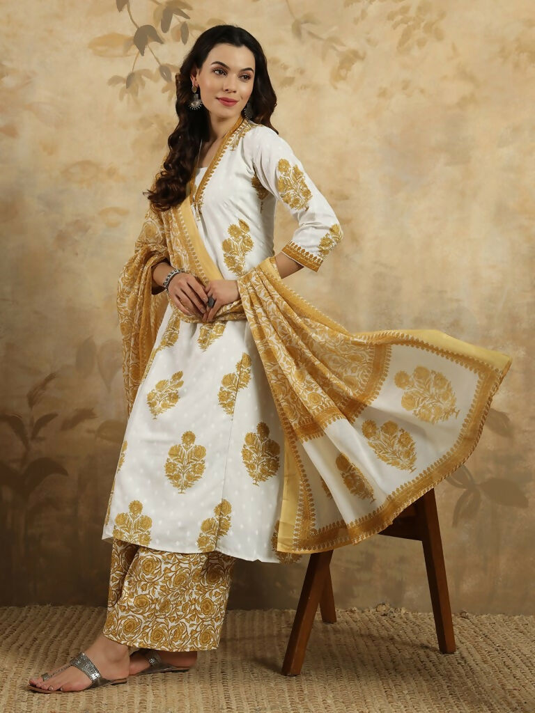 Yellow Cotton Blend Printed Anarkali Suit with Dupatta - Rashmika | Grocsy
