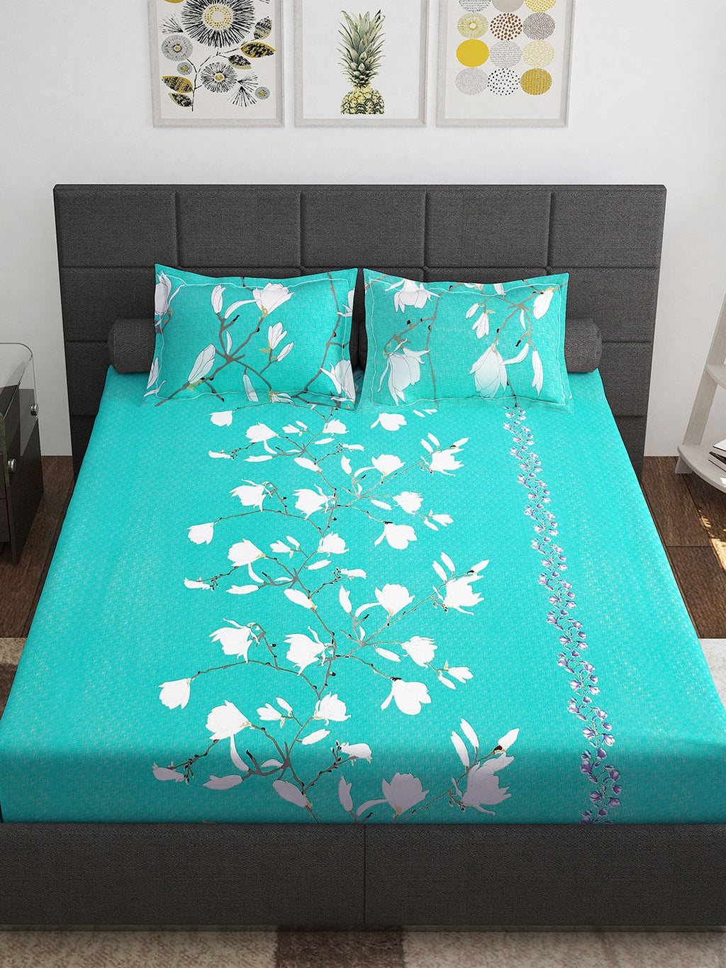 Story@home Sea Green & White Floral 152 TC Cotton 1 Queen Bedsheet with 2 Pillow Covers | Grocsy