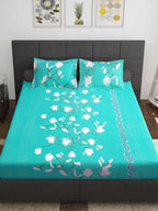 Story@home Sea Green & White Floral 152 TC Cotton 1 Queen Bedsheet with 2 Pillow Covers | Grocsy