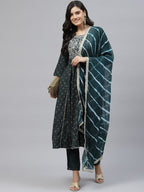 HERE&NOW Women Green Floral Embroidered Empire Kurta with Trousers & With Dupatta | Grocsy
