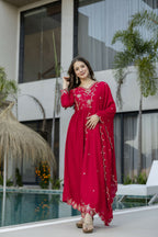 The52 Women's Beautiful Vichitra Silk Fabric Embroidery Work Flared Anarkali Pant and Dupatta Set | Grocsy