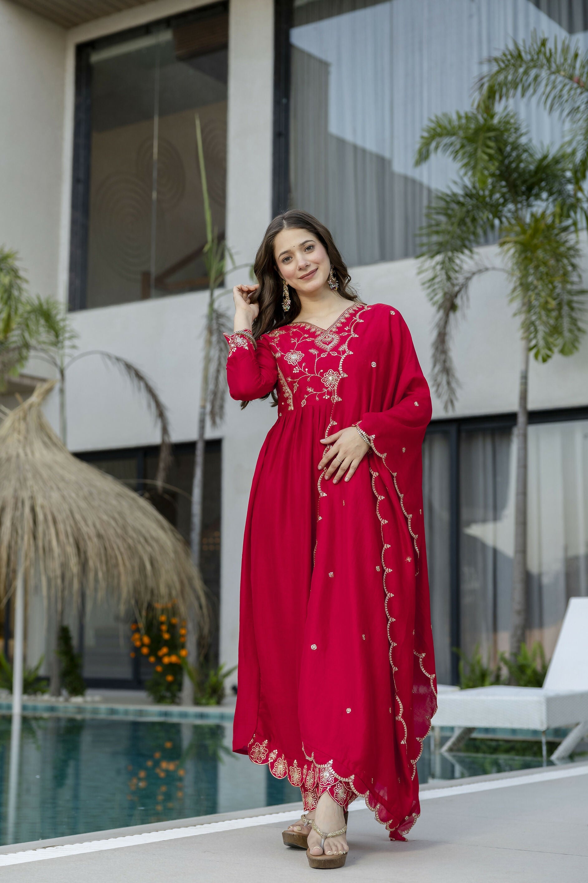 The52 Women's Beautiful Vichitra Silk Fabric Embroidery Work Flared Anarkali Pant and Dupatta Set | Grocsy