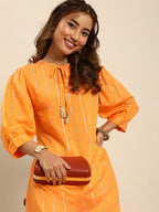 Sangria Women Jacquard Chanderi Silk Tie-Up Neck Puff Sleeves Kurta With Sequin Detail | Grocsy