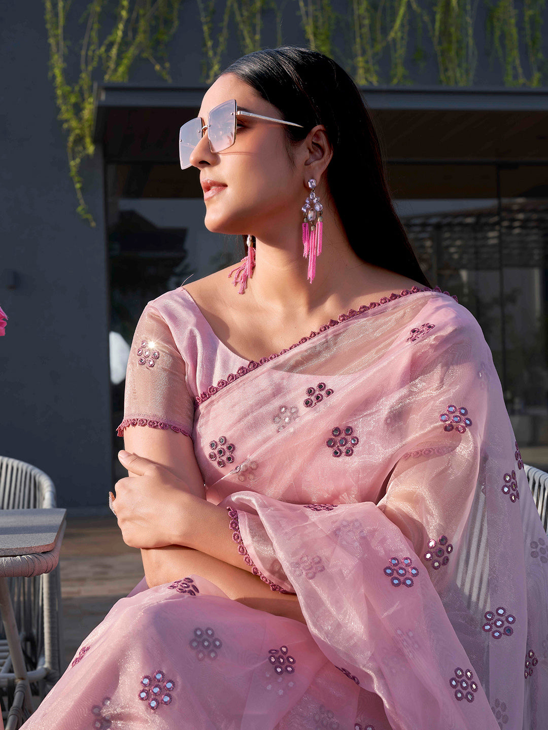 Tikhi Imli Floral Mirror Work Organza Saree | Grocsy