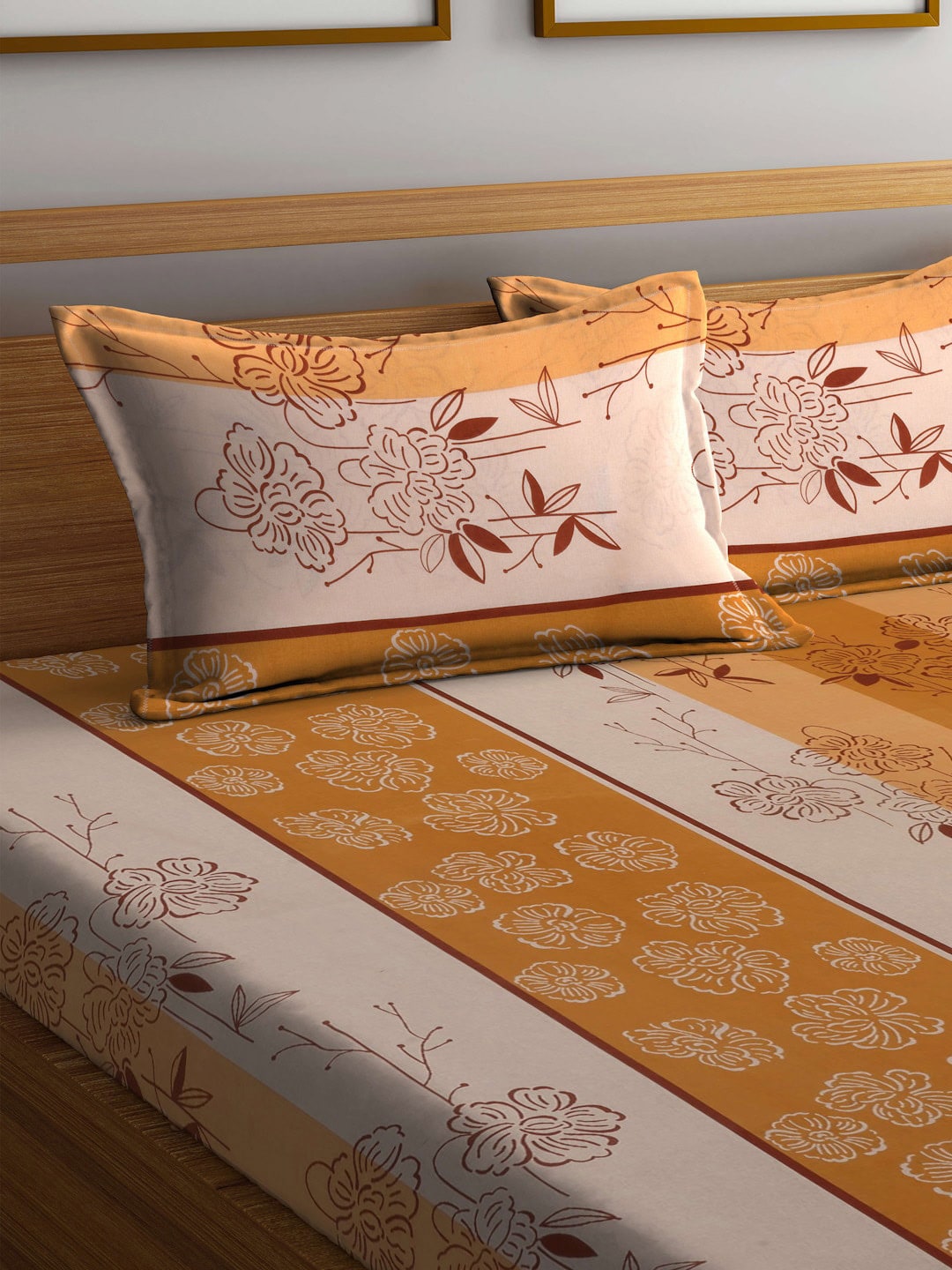 BOMBAY DYEING Beige & Yellow Printed Cotton 104 TC King Bedsheet With 2 Pillow Covers | Grocsy
