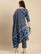 Sangria Indigo Blue Geometric Printed Pure-Cotton Straight Kurta With Trouser & Dupatta | Grocsy