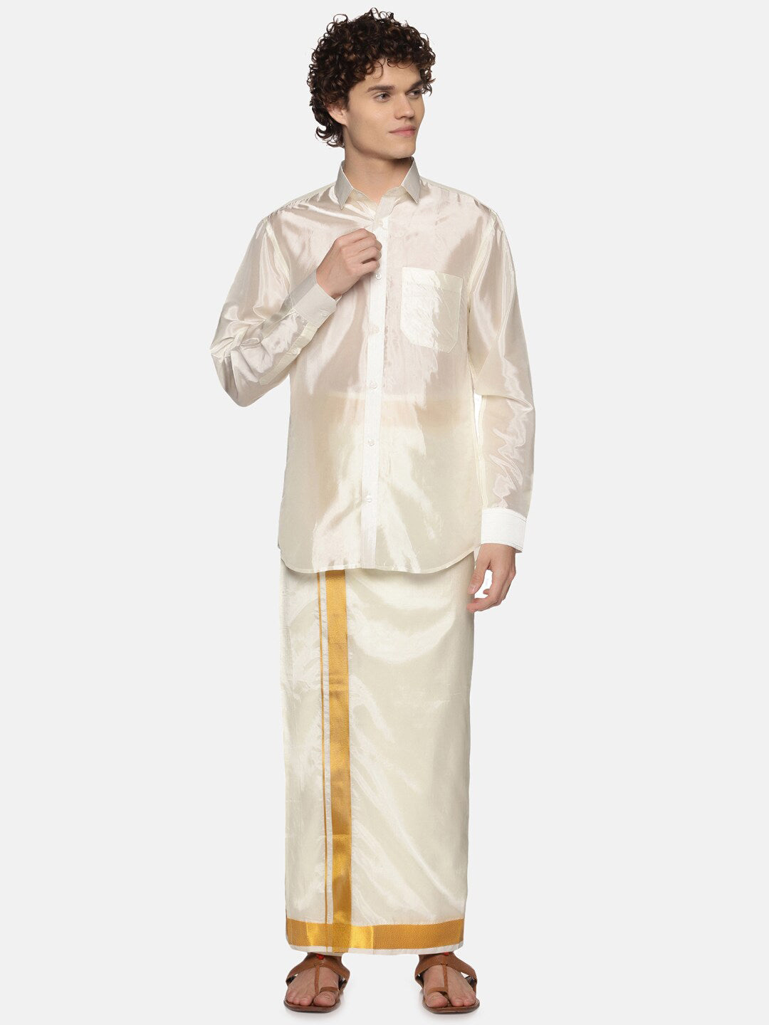 Sethukrishna Men Cream Art Silk Gold Zari Border Dhoti | Grocsy