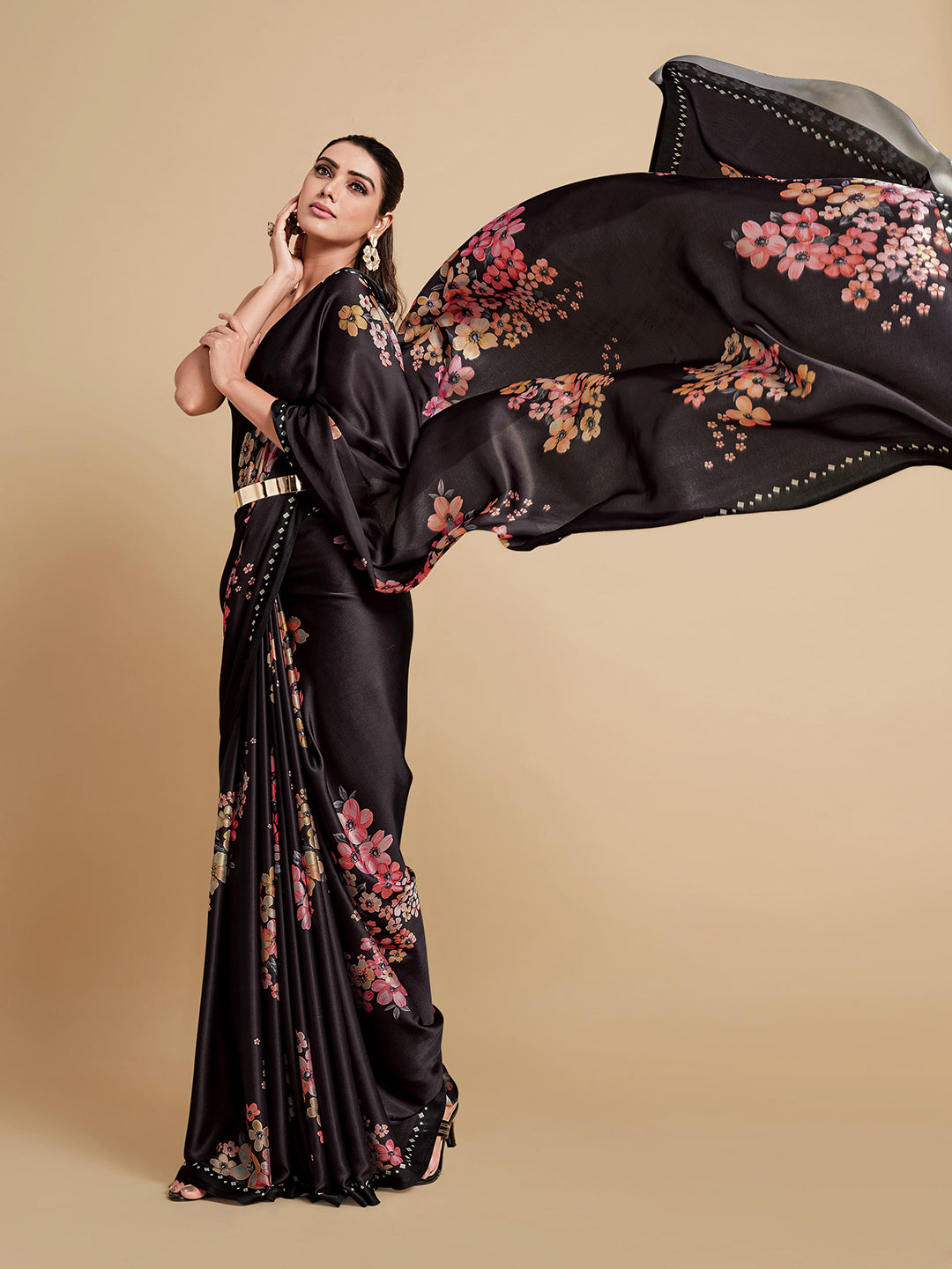 Sangria Black & Burgundy Floral Zari Satin Saree | Grocsy
