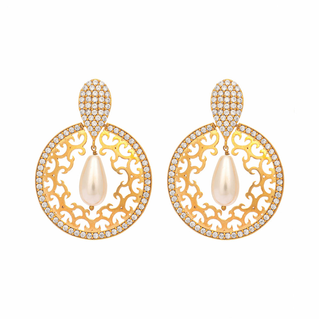Nuyug 22K Gold Plated Cubic Zirconia Studded Contemporary Moon Shaped Pearl Drop Chandbalis | Grocsy