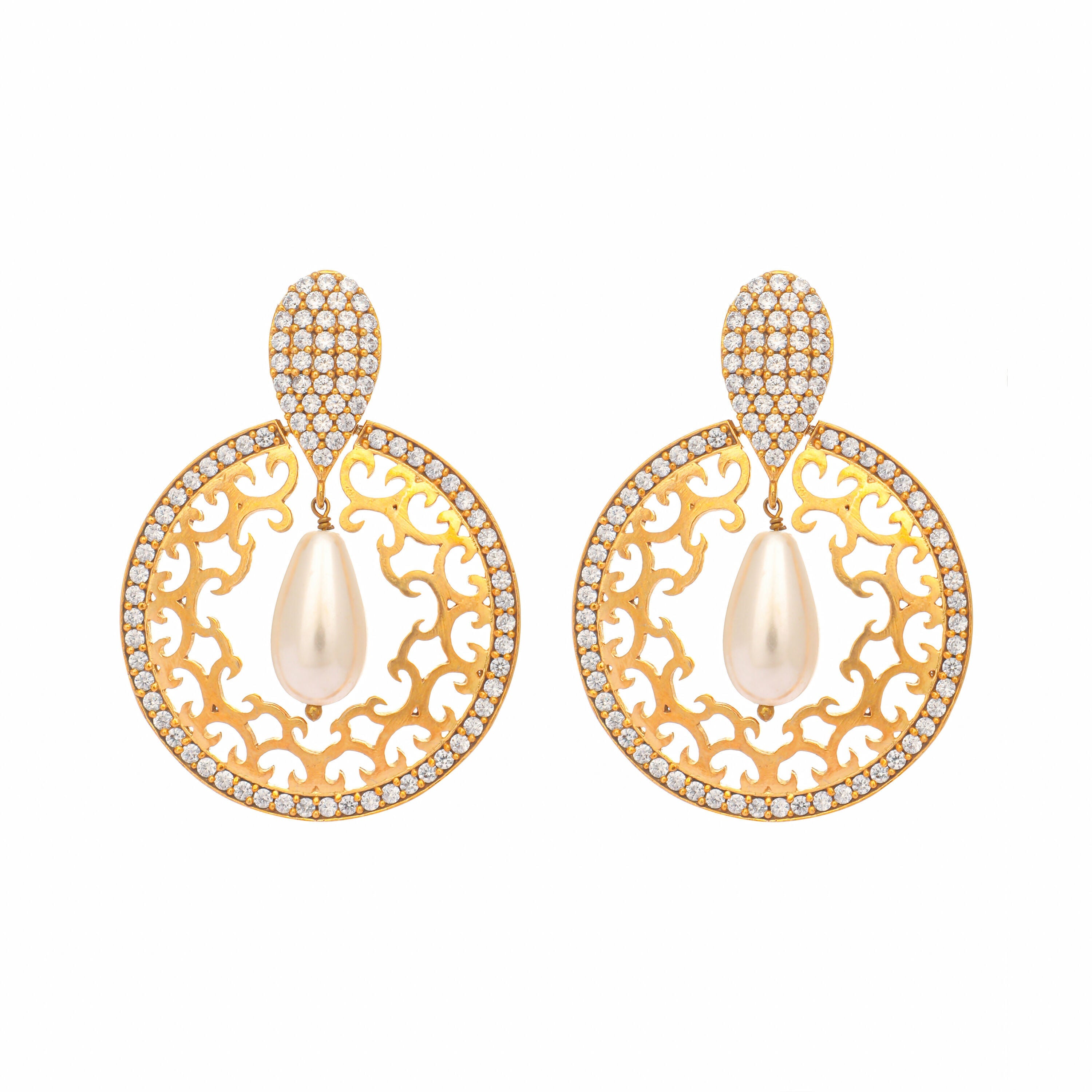 Nuyug 22K Gold Plated Cubic Zirconia Studded Contemporary Moon Shaped Pearl Drop Chandbalis | Grocsy