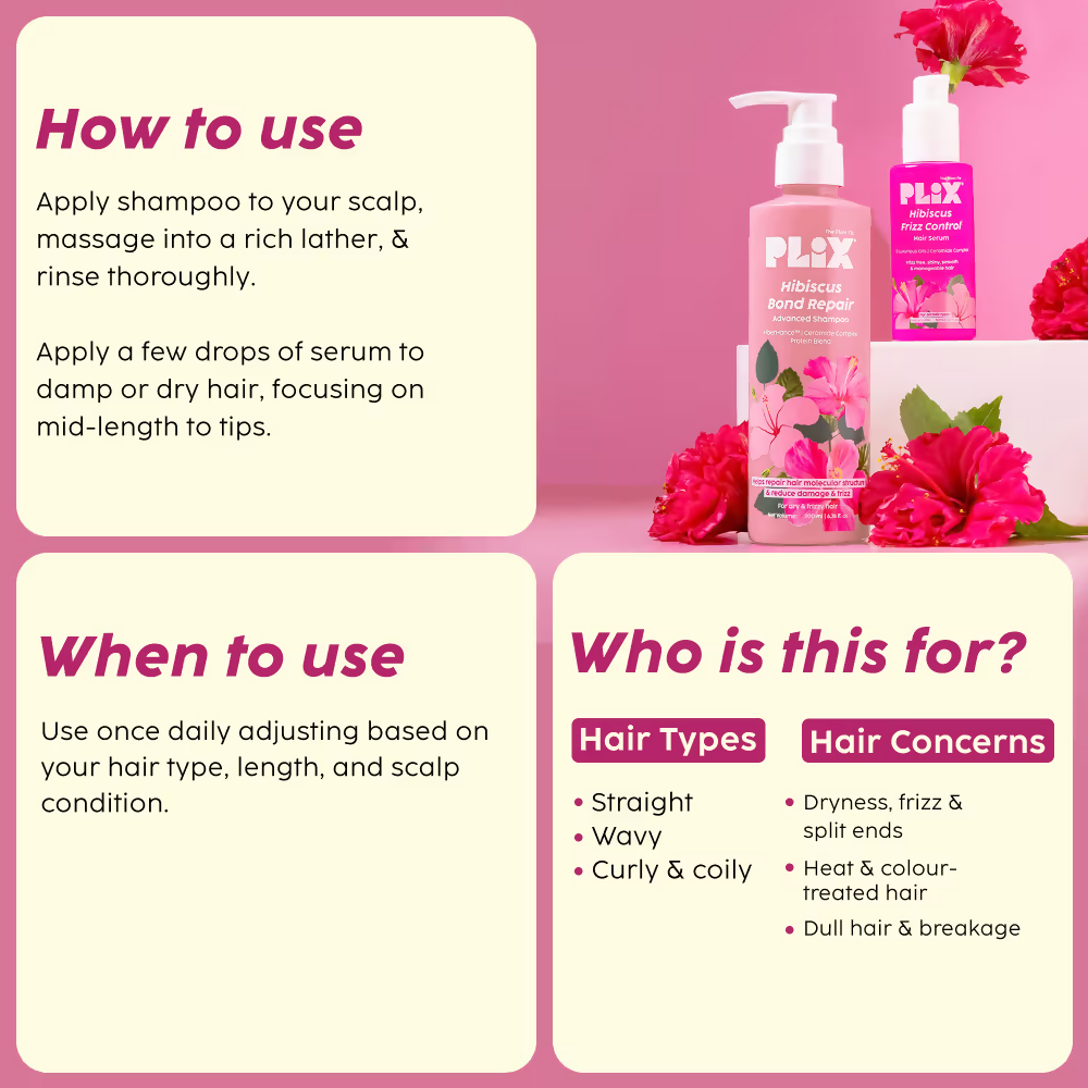 PLIX The Plant Fix Hibiscus Frizz Control Hair Serum + Bond Repair Advanced Shampoo | Grocsy