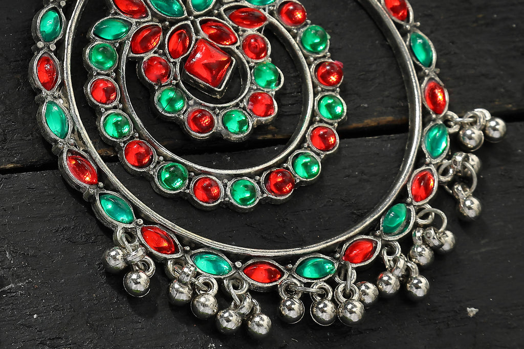 Mominos Fashion Johar Kamal Women's Red & Green Kundan Circles Earrings