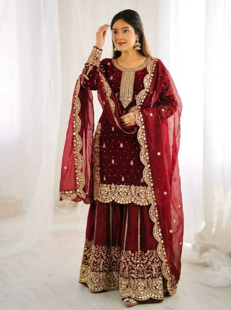 Teeya Creation Maron Color Fendy Silk Embroidery Work Wedding Wear Salwar Suit | Grocsy
