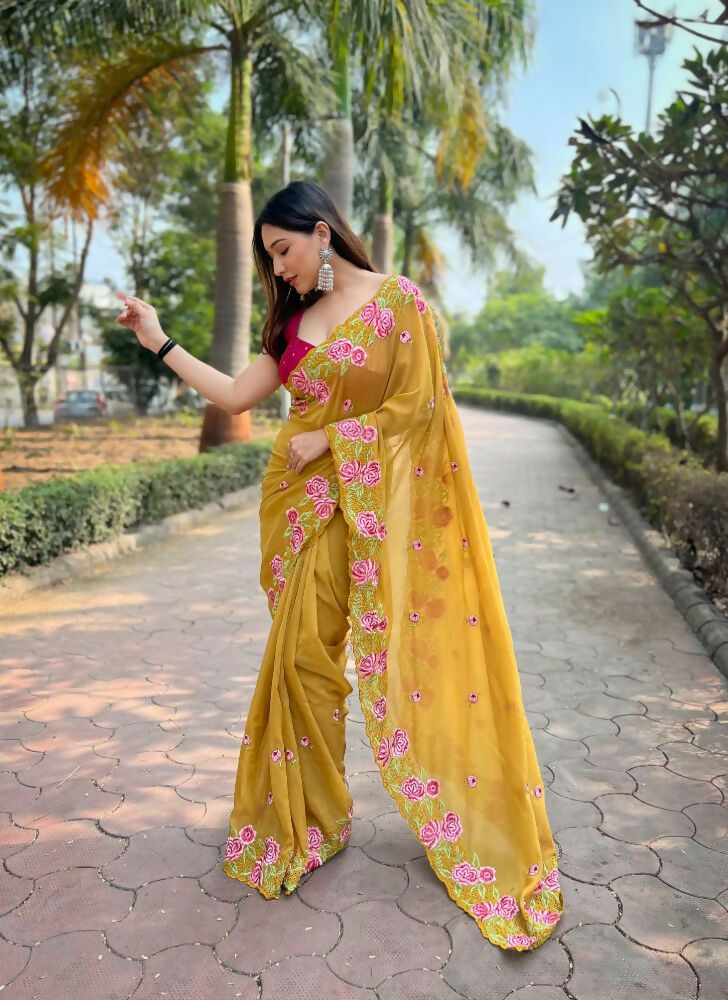 Vamsee Nimrat Mustard Organza Silk Saree | Grocsy
