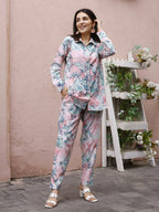 Blue & Pink Rayon Floral Printed Top with Matching Bottom - Eesha | Grocsy