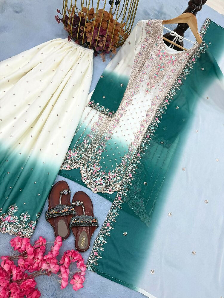 Teeya Creation New Trending Heavy Dual Tone Peding Star Georgette Green Kurta Set | Grocsy